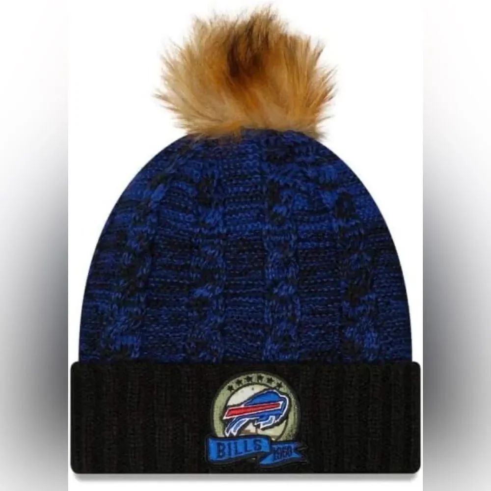 NFL OS Women’s Black Blue Buffalo Bills Cable Knit Cuffed Fleece Pom Pom Hat
